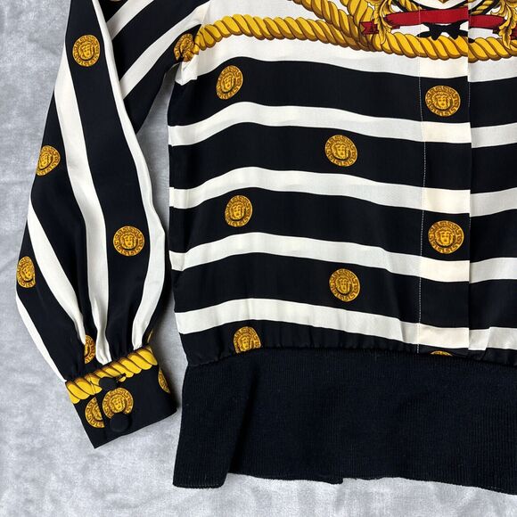 Vtg Francesca of Damon Silk Blouse Women's 4 White Black Stripe Coin Rope (0952) - Picture 4 of 11